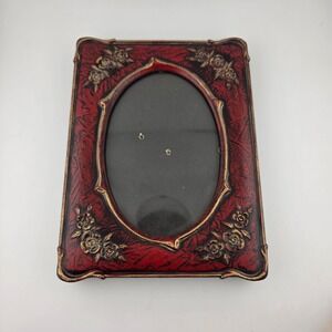 Vintage Red Picture Frame with Gold Rose Floral Accent Oval Photo Display